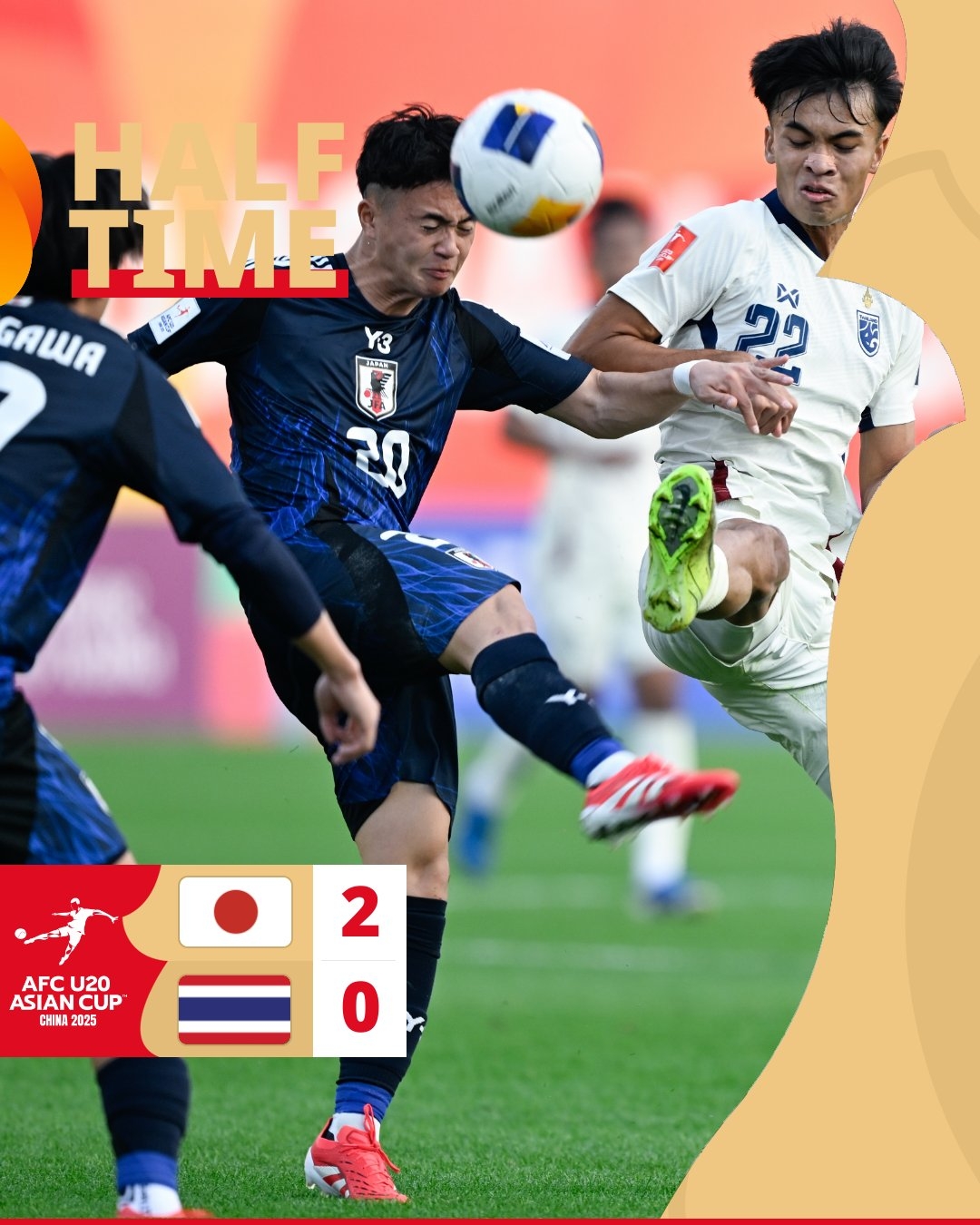  半場(chǎng)-日本U20 2-0領(lǐng)先泰國U20，石井久繼破門(mén)+中柱 泰國0射正