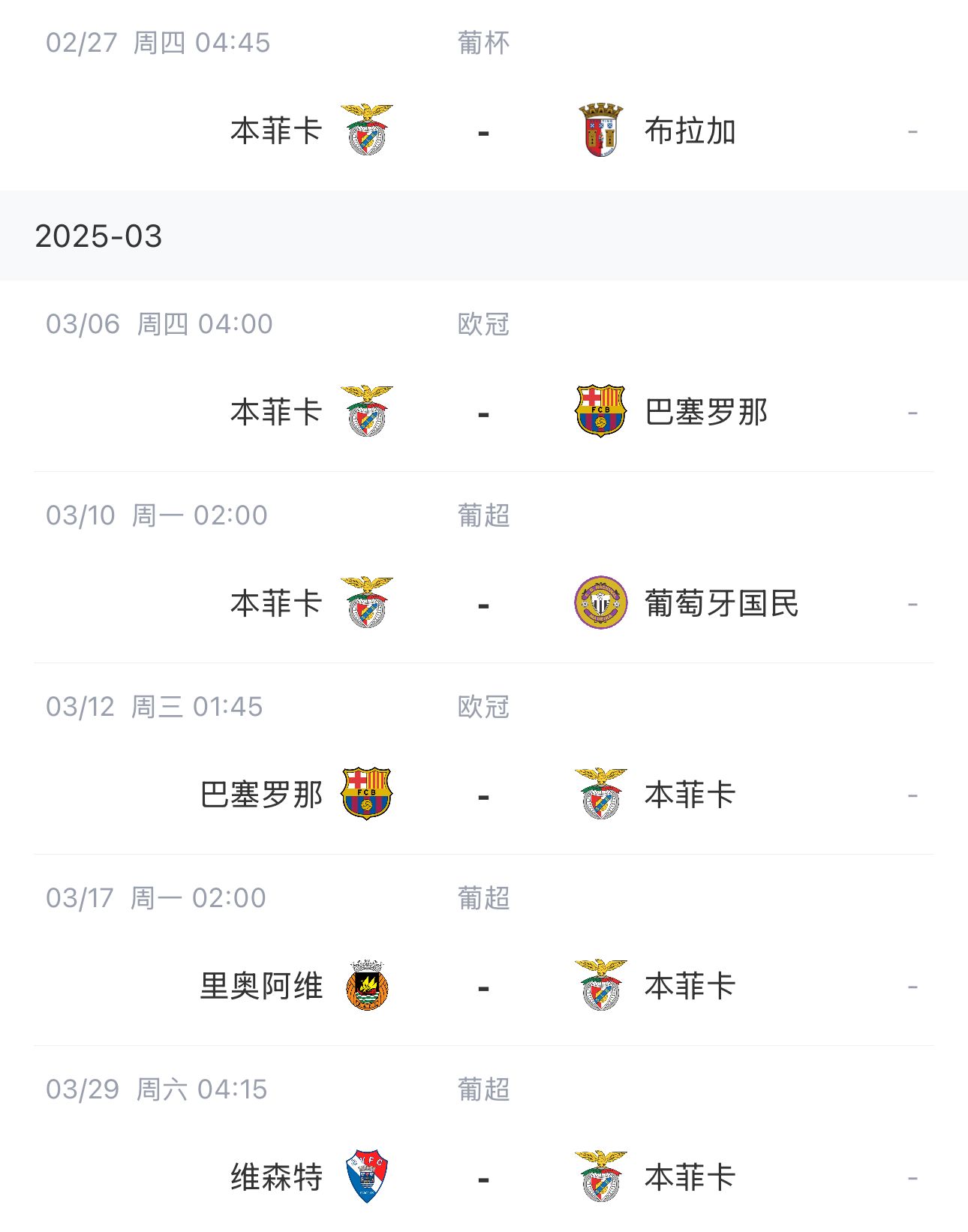  讓路歐冠！本菲卡戰巴薩首回合比賽前的葡超比賽推遲進(jìn)行