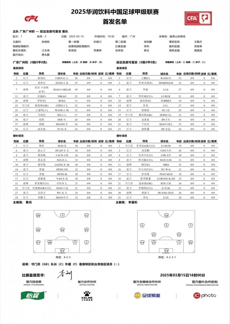  廣州豹vs延邊龍鼎首發(fā)：卡洛斯、羅薩、尼康三外援領(lǐng)銜廣州豹