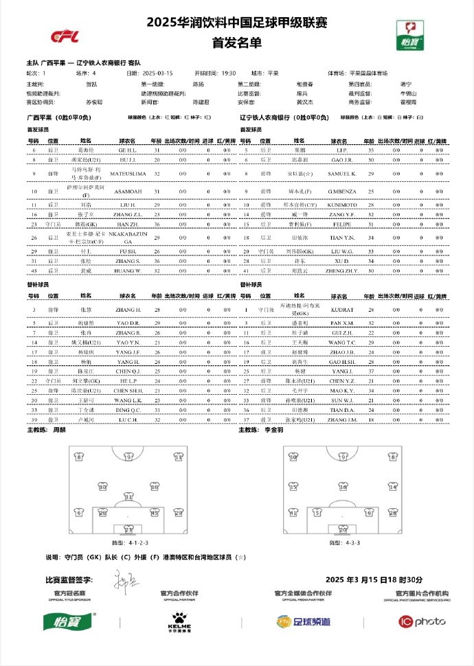  中甲-廣西平果vs遼寧鐵人首發(fā)：三外援對決三外援，安以恩出戰