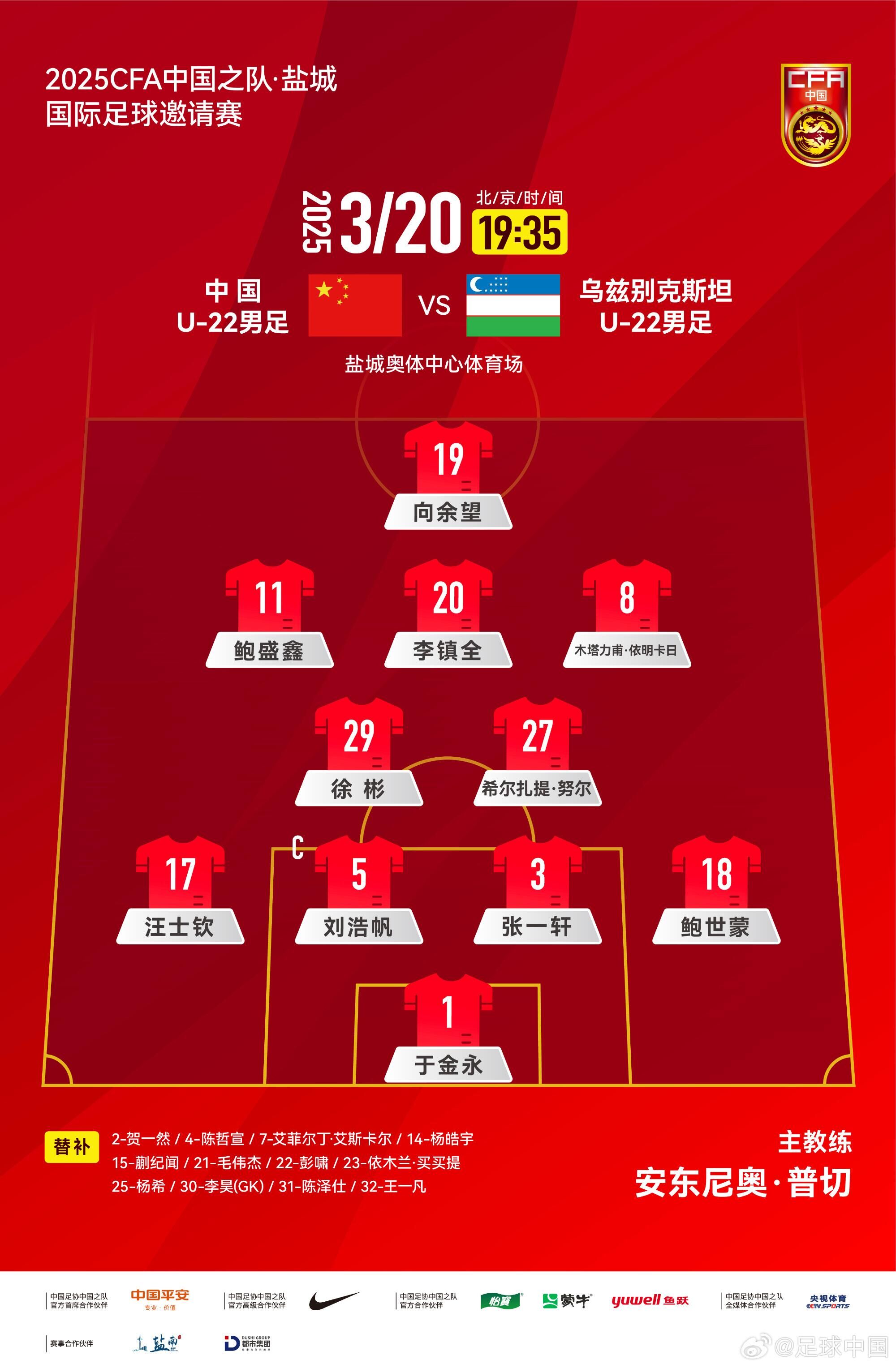  中國U-22男足VS烏茲別克斯坦U-22男足，中國隊首發(fā)名單出爐