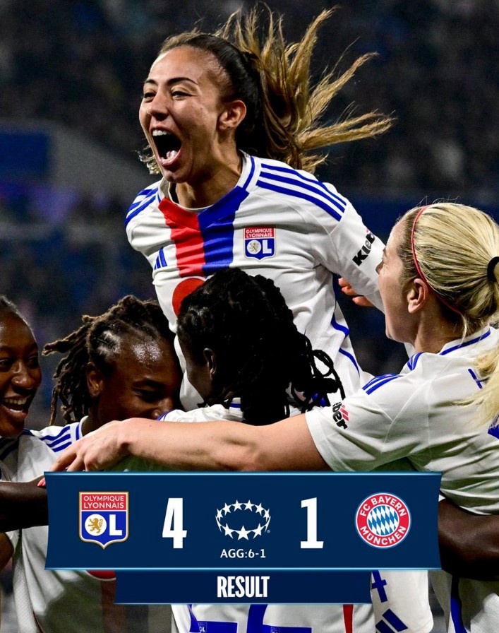  里昂女足4-1大勝拜仁女足，總比分6-1晉級女足歐冠半決賽