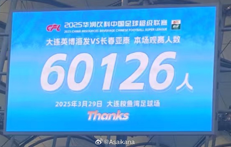  大連英博和長(cháng)春亞泰吸引60126名觀(guān)眾現場(chǎng)觀(guān)戰，中超歷史排名第二